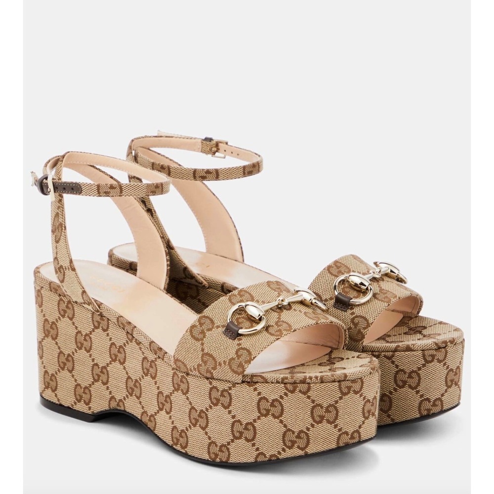 Gucci Lady Horsebit GG Supreme Canvas Platform Sandals Beige 37.5 Box Dust Bags